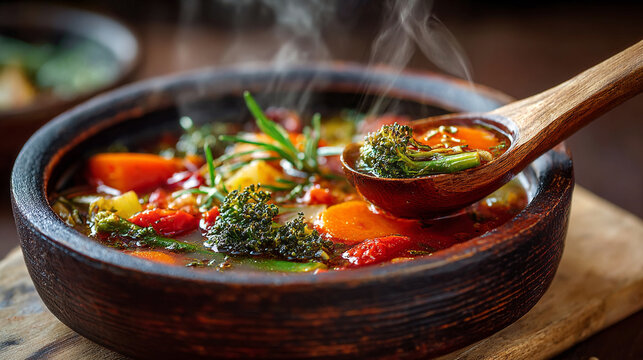 Fresh vegetable soup with broccoli in a rustic clay bowl broccoli vegetable