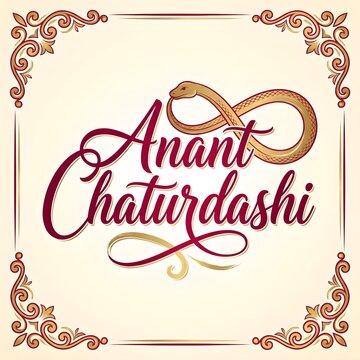 Anant Chaturdashi typographic design with coiled snake illustration and ornate floral border hindu festival serpent