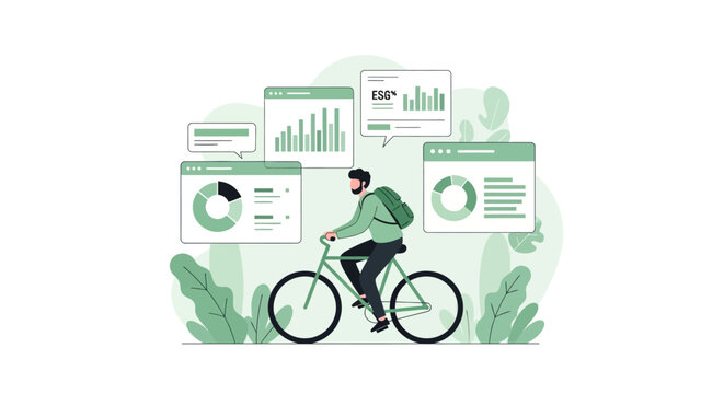 Man riding bicycle with data charts and graphs around him.