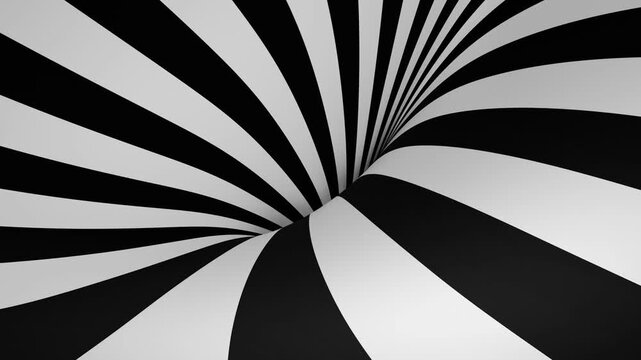 Hypnotic black and white striped tunnel loop seamless background. Abstract optical illusion of a twisting vortex, creating a trippy psychedelic geometric pattern 3d animation.