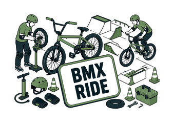 Naklejka premium BMX Bike Ride banner showing two BMX riders around an oversized BMX bike and giant ramp course, helmet, knee pads, tire pump, cone markers, and repair stand filling all edges, bold simple uppercase