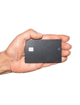 Hand holding credit card. Closeup of hand with plastic credit cards. Hand showing credit card, or card, or business card or voucher, template