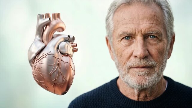 Portrait of a senior man with a floating 3D heart model. Cardiology and men's health awareness. Elderly cardiovascular care concept