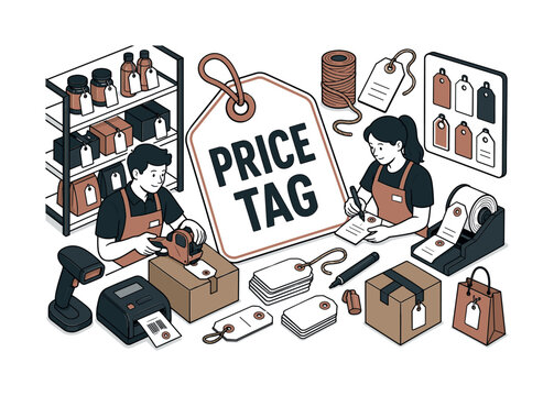 Price Tag Labels banner showing two shop workers around an oversized price tag and giant paper label station, label string, product shelf, marker, package box, and checkout scanner filling all edges,