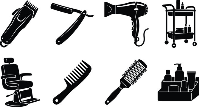 Set of professional barber shop and hair salon tools in flat black silhouette vector style