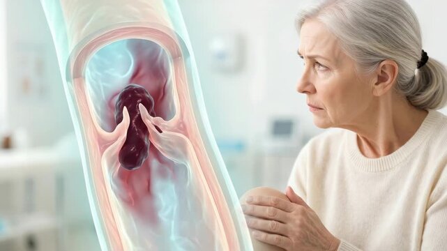 Senior woman holding painful knee next to blood clot illustration. Deep vein thrombosis and vascular health in elderly patients