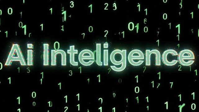 Ai intelligence text glowing with vibrant emerald neon light surrounded by floating binary code digits in a dark digital space creates a futuristic motion animation clip that showcases advanced comput