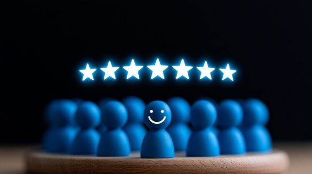 Wooden Customer Figures Beneath Glowing Stars in the Rain, Representing Satisfaction and Positivity in Service and Experience, Ideal for Business Graphics
