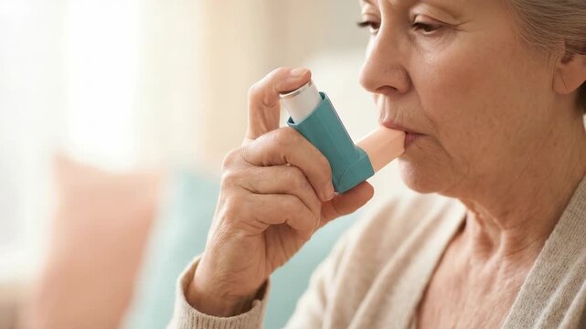 Elderly woman using an asthma inhaler. Senior patient inhaling medication for respiratory relief. Asthma and healthcare concept