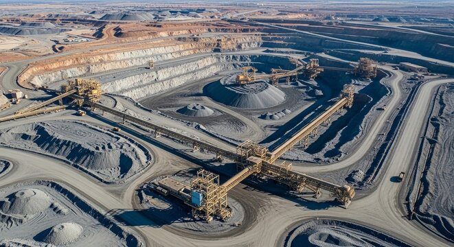Aerial view of a vast open-pit mine with extensive conveyor systems and heavy machinery.