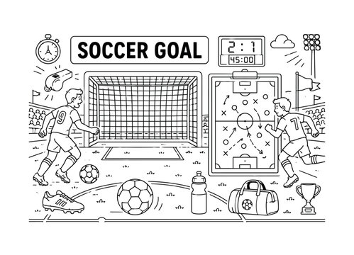 Football Soccer Goal. Clean outline line art banner with one wide soccer field scene, two players beside oversized football goal and giant strategy board, small details soccer ball, whistle,