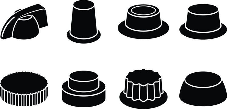 Set of various black control knobs and electronic dials for industrial machinery and household appliance interfaces