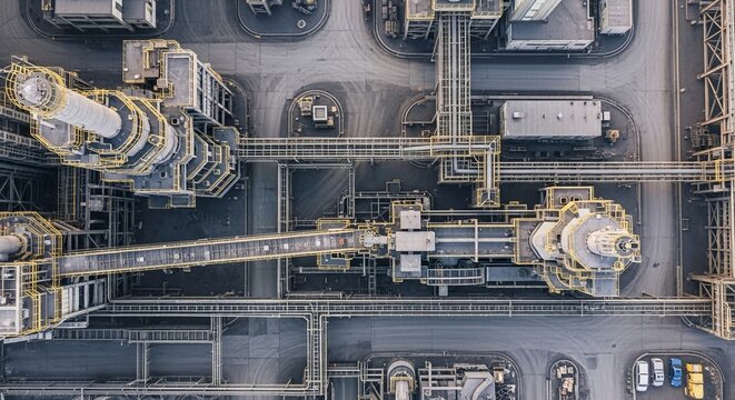 An expansive aerial view of a vast industrial nickel smelter complex, showcasing intricate pipework and manufacturing infrastructure