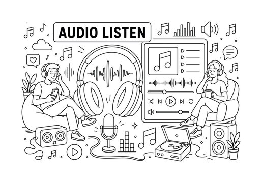 Headphones Audio Listening. Clean outline line art banner with one wide music listening scene, two listeners beside oversized headphones and giant audio player board, small details music note,