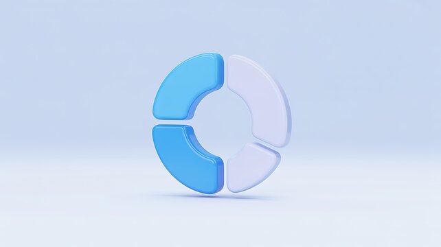 3D pie chart icon, blue and white sectors, business infographic element, data visualization symbol