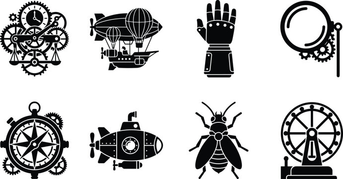 Steampunk elements and mechanical vintage icons set featuring airship gear clockwork and submarine silhouettes isolated