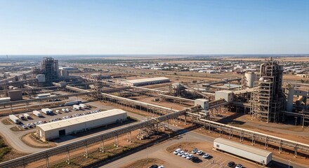 Obraz premium Expansive industrial complex showcasing nickel smelter and transport infrastructure under a clear blue sky, highlighting large-scale production operations.