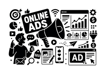 Fototapeta premium Digital Marketing Campaign. Banner design, clean solid filled composition showing oversized megaphone and giant website analytics screen, one marketer launching campaign near edges, small details of