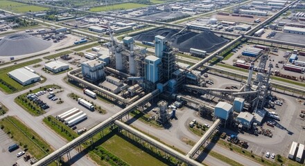 Fototapeta premium Expansive Industrial Mineral Processing Plant with Extensive Conveyor Systems and Storage Piles Under a Bright Sky