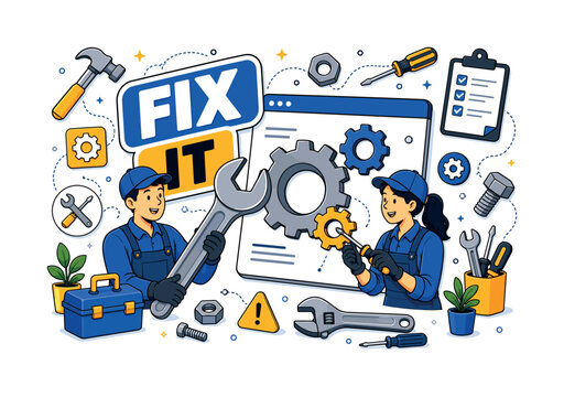 Maintenance Tools Banner. Wrench, gear, spanner, hammer, screwdriver, fix and repair maintenance banner with two geometric repair workers beside an oversized wrench and large gear panel, tool lines
