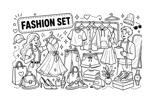 Fashion Clothes Wardrobe. Clean outline line art banner with one wide fashion wardrobe scene, two stylists beside oversized dress and giant clothing rack, small details T-shirt, pants, jacket, shorts,
