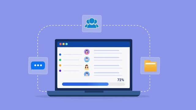 Animated flat vector illustration of a laptop displaying a team management dashboard with employee list, communication, and folder icons. Modern workforce management, collaboration, and business techn