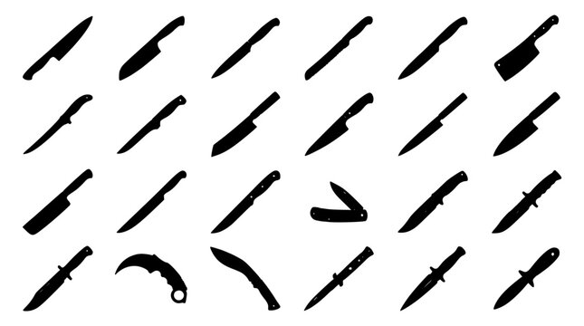 Knife Silhouettes Collection of 24 Distinct Black Kitchen Blades and Tools Icons on White Background for Design