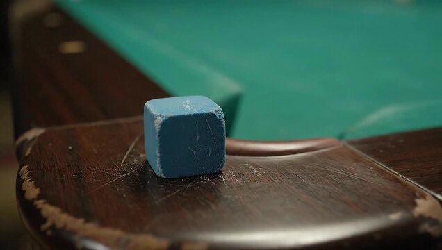 Close up of a used blue billiard chalk cube sitting on the worn wooden rail of a pool table with green felt in the background. Cinematic lighting and shallow depth of field.