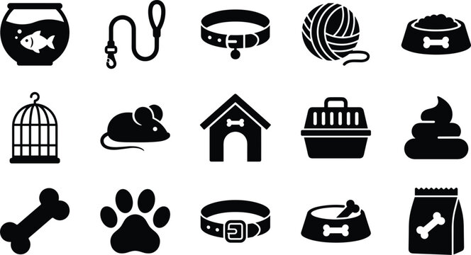 Set of black flat icons featuring essential pet care supplies, accessories, toys, and grooming items for veterinary and animal shop designs