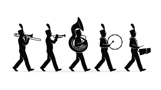 Black silhouette marching band musicians walking in line playing musical instruments outdoors