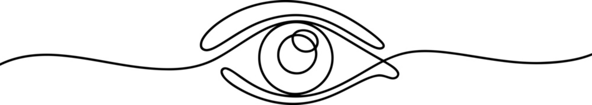 Continuous Line of a Stylized Human Eye with Swirling Pupil and Eyelashes on White