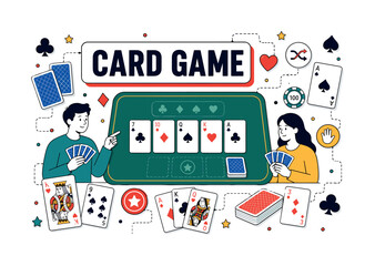 Naklejka premium Playing Cards Banner. Play card, deck, card game, suits and tabletop entertainment banner with two geometric players beside oversized playing cards and a large game table board, card paths reaching