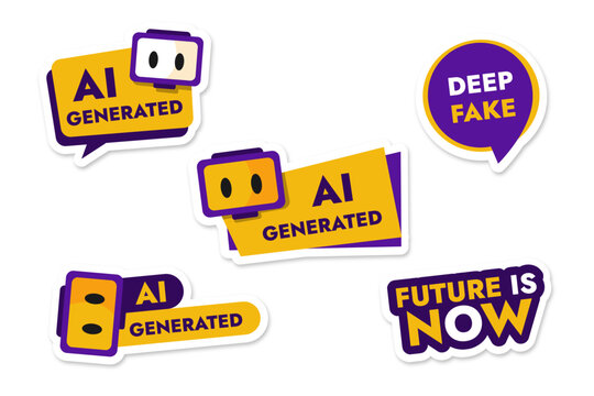 Futuristic AI Robot Sticker Pack Yellow and Purple Cute Tech Chatbot Illustration Set for Digital Apps, UI Design and Cyberpunk Theme