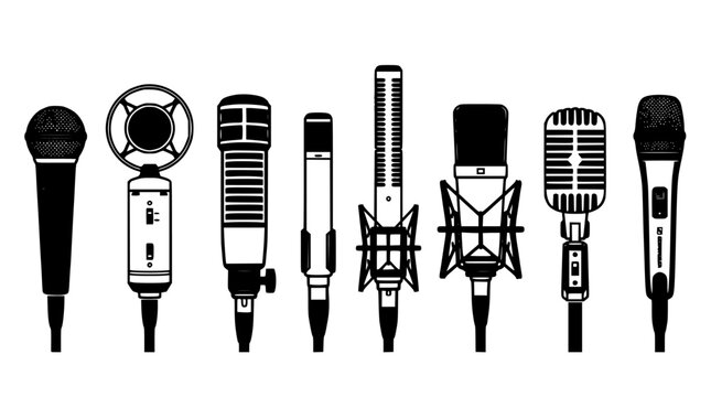 Microphones of Various Types and Designs in a Collection Featuring Microphone, Audio, Recording with Sound and Studio Elements