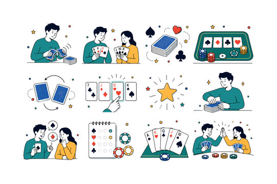 Playing Cards Banner. Play card, deck, card game, suits, tabletop entertainment and strategy play. 12 minimalist editorial vector scenes: a person shuffles playing cards, two players review card