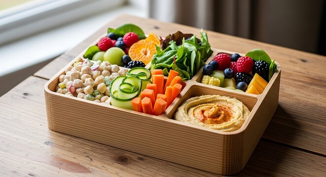 Healthy vegan lunch box with mixed fresh vegetables fruits hummus and chickpeas on a wooden table. plant-based bento boxes