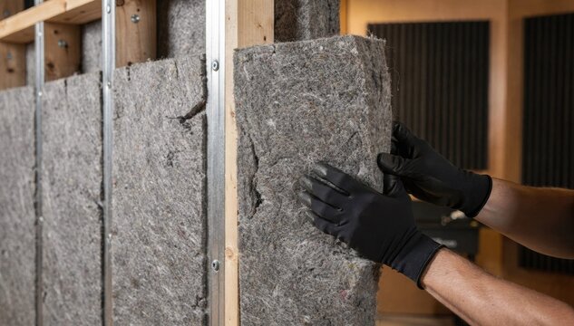 Medium shot of thick textile soundproofing batts being carefully installed inside recording studio walls for superior acoustic isolation.