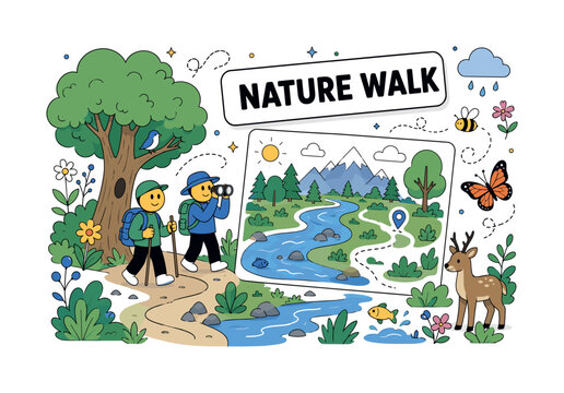 Nature Wildlife Banner. River, mountain, plant, tree, flower, weather, wildlife, bird, butterfly, fish and bee banner with two geometric characters exploring beside an oversized tree and large river