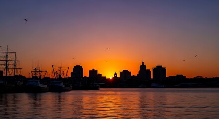 Obraz premium City skyline silhouette at sunset with sailing ship on water