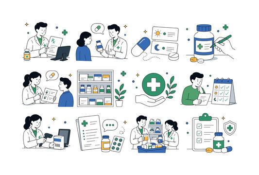 Pharmacy Medicine Banner. Medicine, pill, prescription, medication, pharmacist, dosage, capsule and healthcare service. 12 minimalist editorial vector scenes: a pharmacist reviews a prescription, a