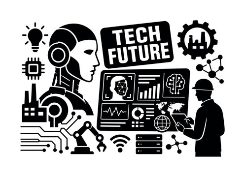 Technology Innovation Industry. Banner design, clean solid filled composition showing oversized robot head and giant digital technology screen, one engineer managing AI system near edges, small