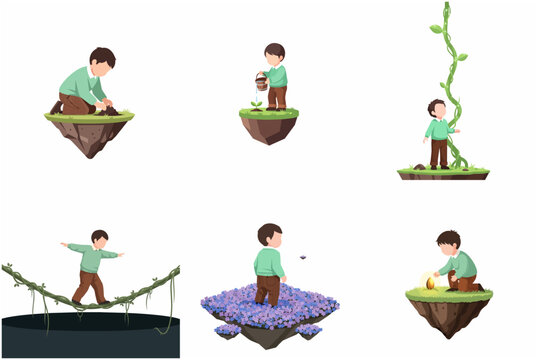 Young Boy Fantasy Adventure Story Illustration Set with Magic Beanstalk and Floating Islands