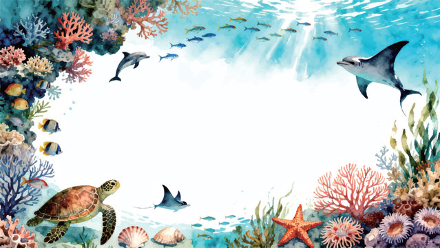 Watercolor underwater sea life frame with dolphins and coral reef