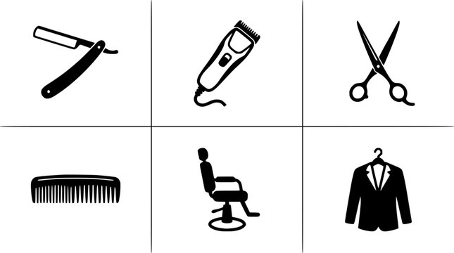 Barber Tools and Accessories Including a Razor, Hair Clipper, Scissors, Comb, Barber Chair, and Suit