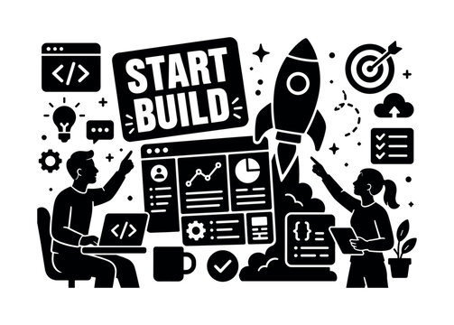 Development Startup Launch. Banner design, clean solid filled composition showing oversized startup rocket and giant development dashboard, two founders building product near edges, small details of