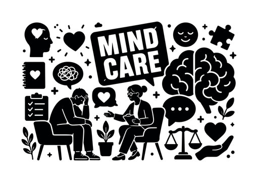 Psychology Mental Health. Banner design, clean solid filled composition showing oversized brain and giant therapy speech bubble, one counselor supporting person near edges, small details of heart,