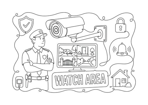 CCTV Security Camera. Clean one-line drawing banner composition showing a security guard beside an oversized CCTV camera and monitor, surveillance cable stretching to all edges with small shield,