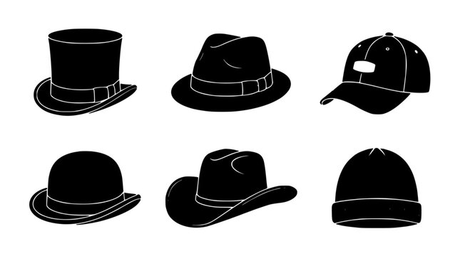 Hat Set of Six Different Styles Icon Silhouettes with Varied Brims and Crowns for Fashion Accessory Concepts
