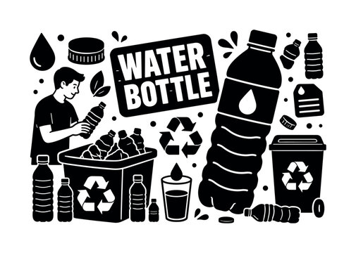 Water Bottle Plastic. Banner design, clean solid filled composition showing oversized plastic water bottle and giant recycling bin, one person sorting bottles near edges, small details of water drop,