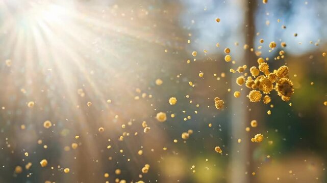 Pollen grains floating in the air. Airborne allergens triggering seasonal allergies and asthma. Hay fever concept in autumn outdoor environment with sunlight